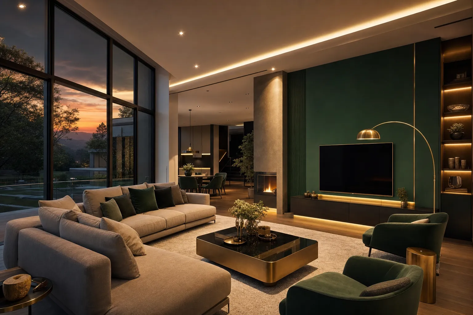 Luxury smart home living room with integrated lighting and forest green feature wall
